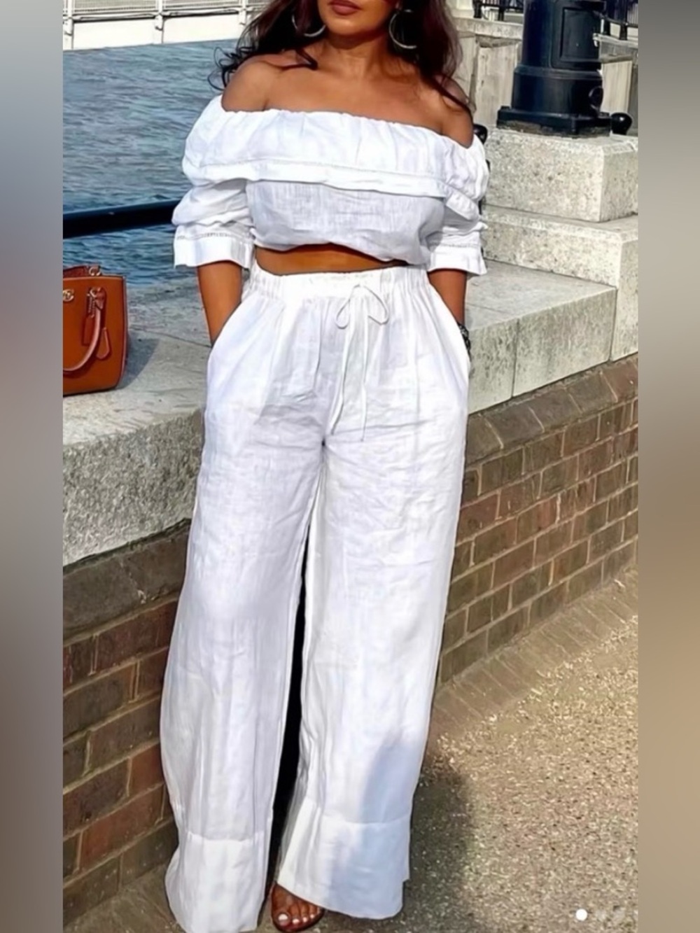 #1117 🌝 🏝️ “LAST ONE” 😱 😢😢Stylish White Two-Piece Wide-Leg Pants Set